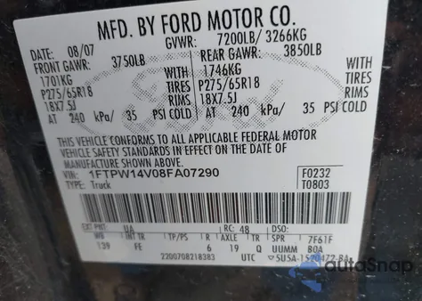 2008 Ford F-150 60Th Anniversary/Fx4/King Ranch/Lariat/Xlt из США, поврежденный, VIN 1FTPW14V08FA07290